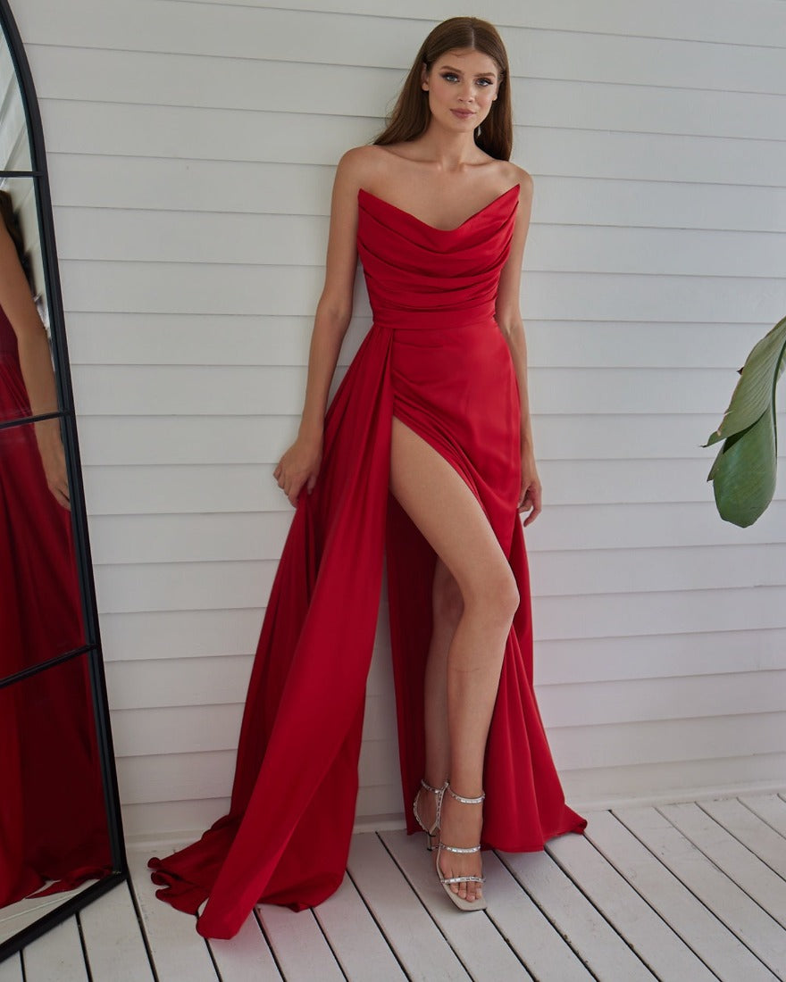 Fashionable Satin Maxi Strapless Wedding Guest or Prom Dress