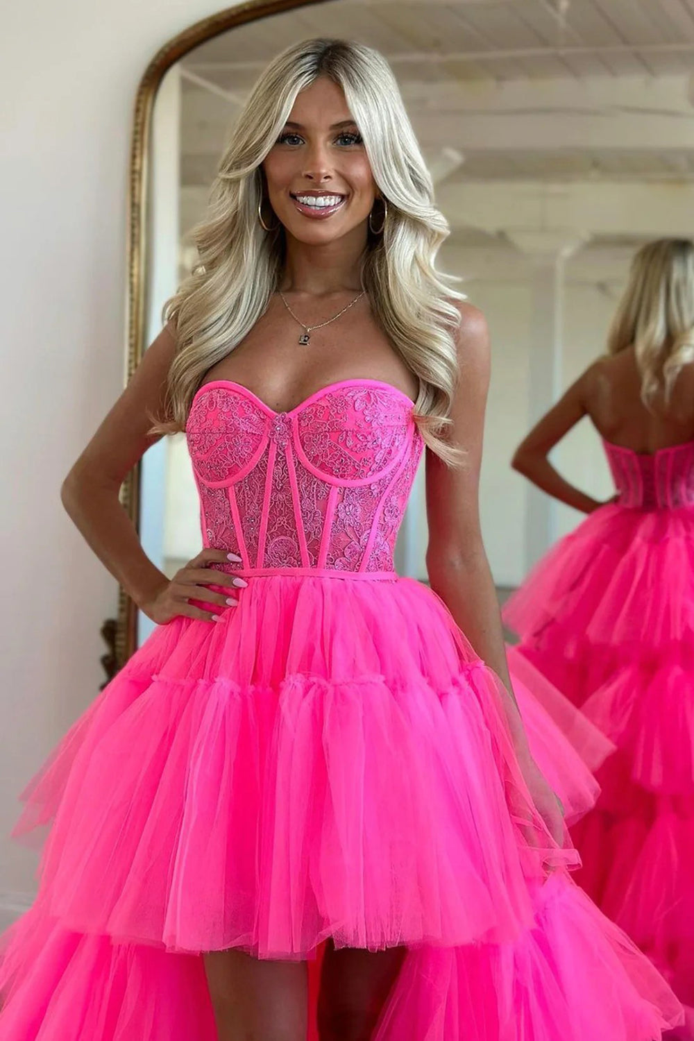Sweetheart Hot Pink Corset Prom Dress with Appliques in A-Line High-Low Style