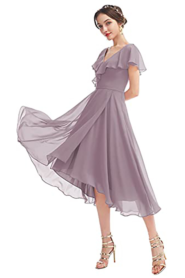 V-Neck Short Sleeve Ruffles Bridesmaid Dress