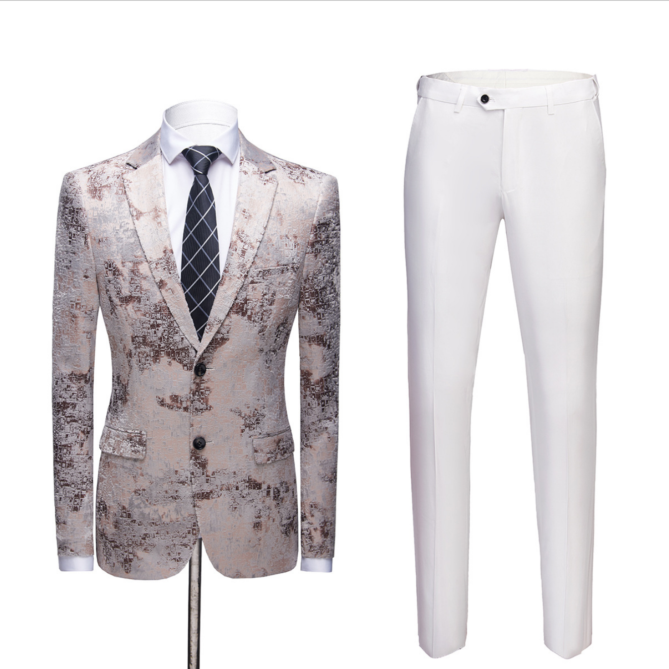 Light Brown Printed Notched-Lapel Wedding Tuxedos with White Pants