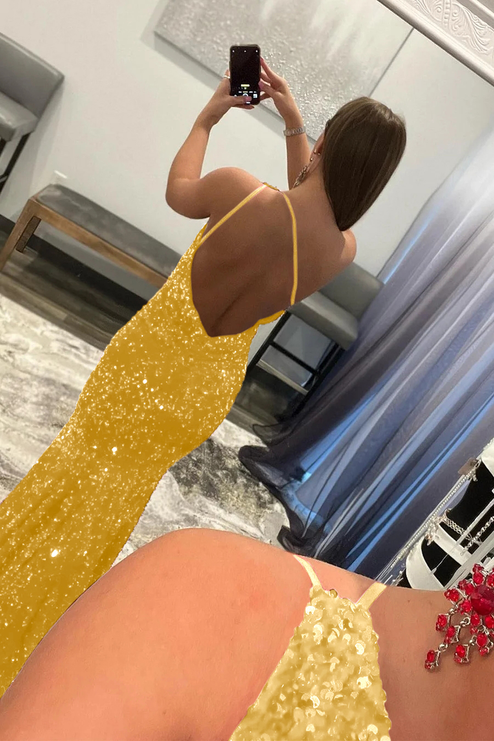 Long Prom Dress with Burgundy Mermaid Sequins