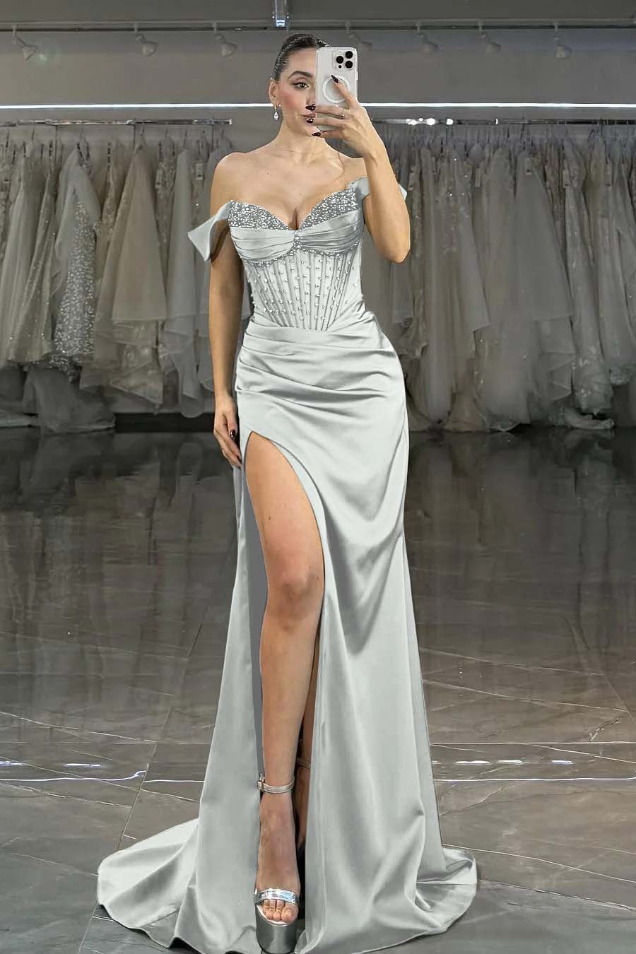 Off the Shoulder Strapless Sleeveless Long Mermaid Formal Dress With Split