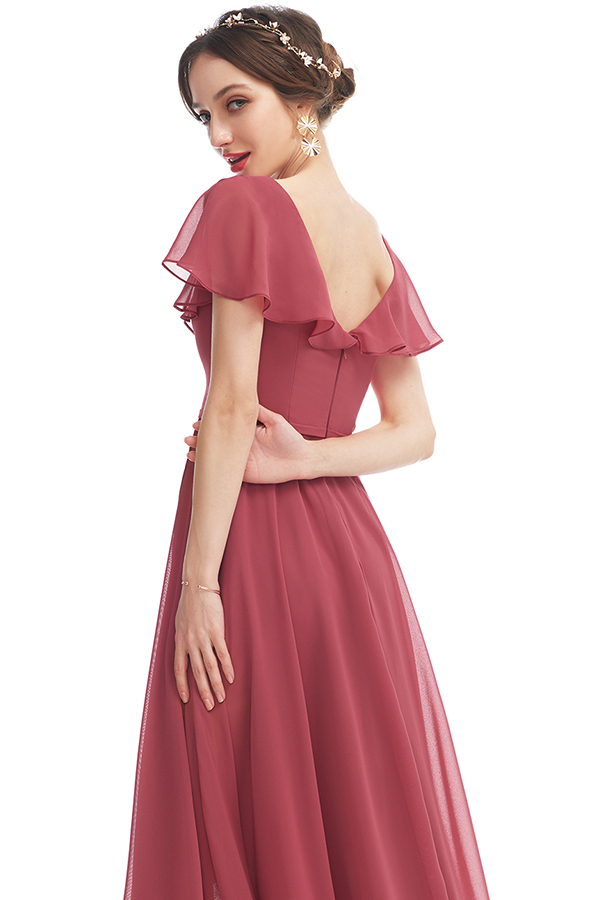 V-Neck Short Sleeve Ruffles Bridesmaid Dress