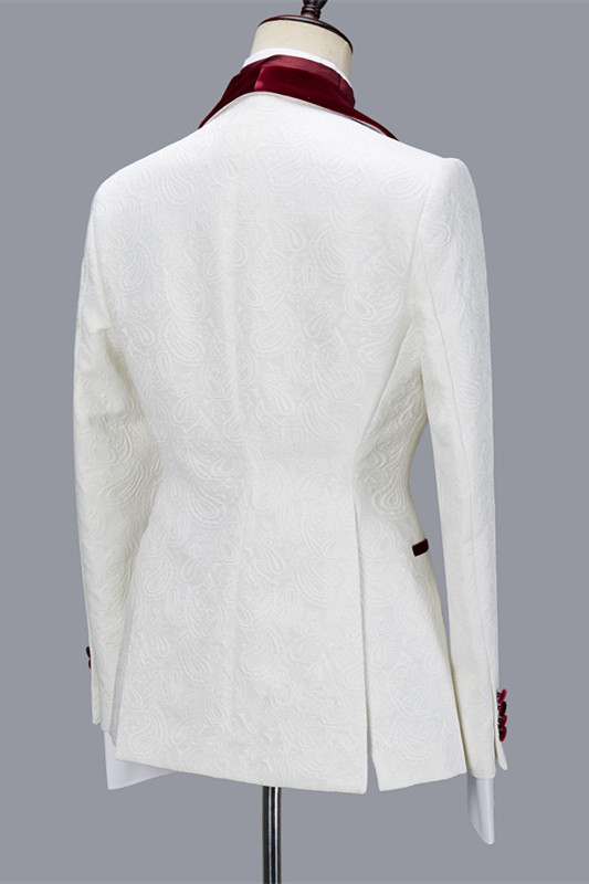 Nathanael White Jacquard Velvet Lapel Three-Piece Wedding Groom Men's Suits