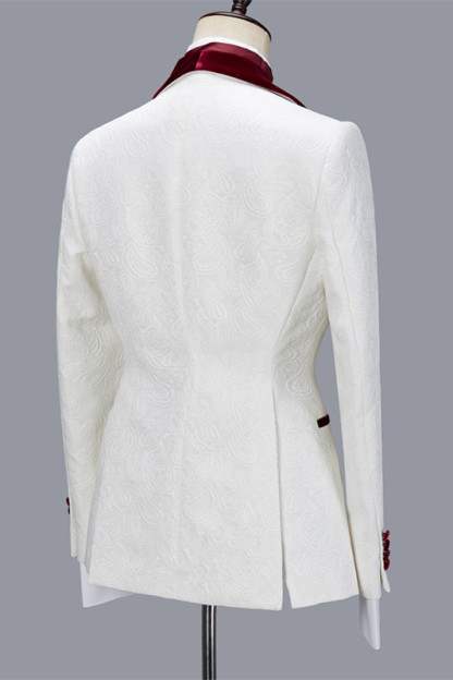 Nathanael White Jacquard Velvet Lapel Three-Piece Wedding Groom Men's Suits