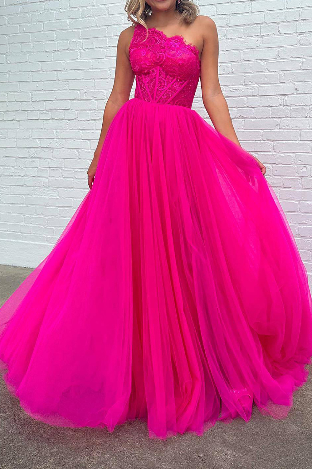 Fuchsia One-Shoulder A-Line Prom Corset Dress with Front Split