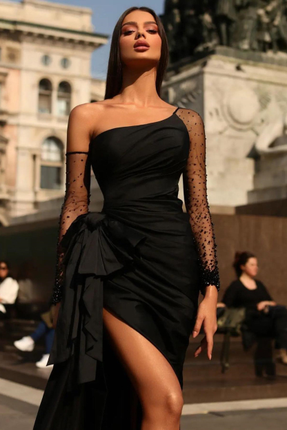 Black Formal Dress Long Sleeves Tulle One Shoulder With Pleated Split