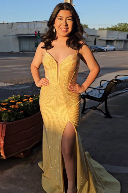 Red Beaded Mermaid Corset Prom Dress with Glitter and Spaghetti Straps Long with Slit