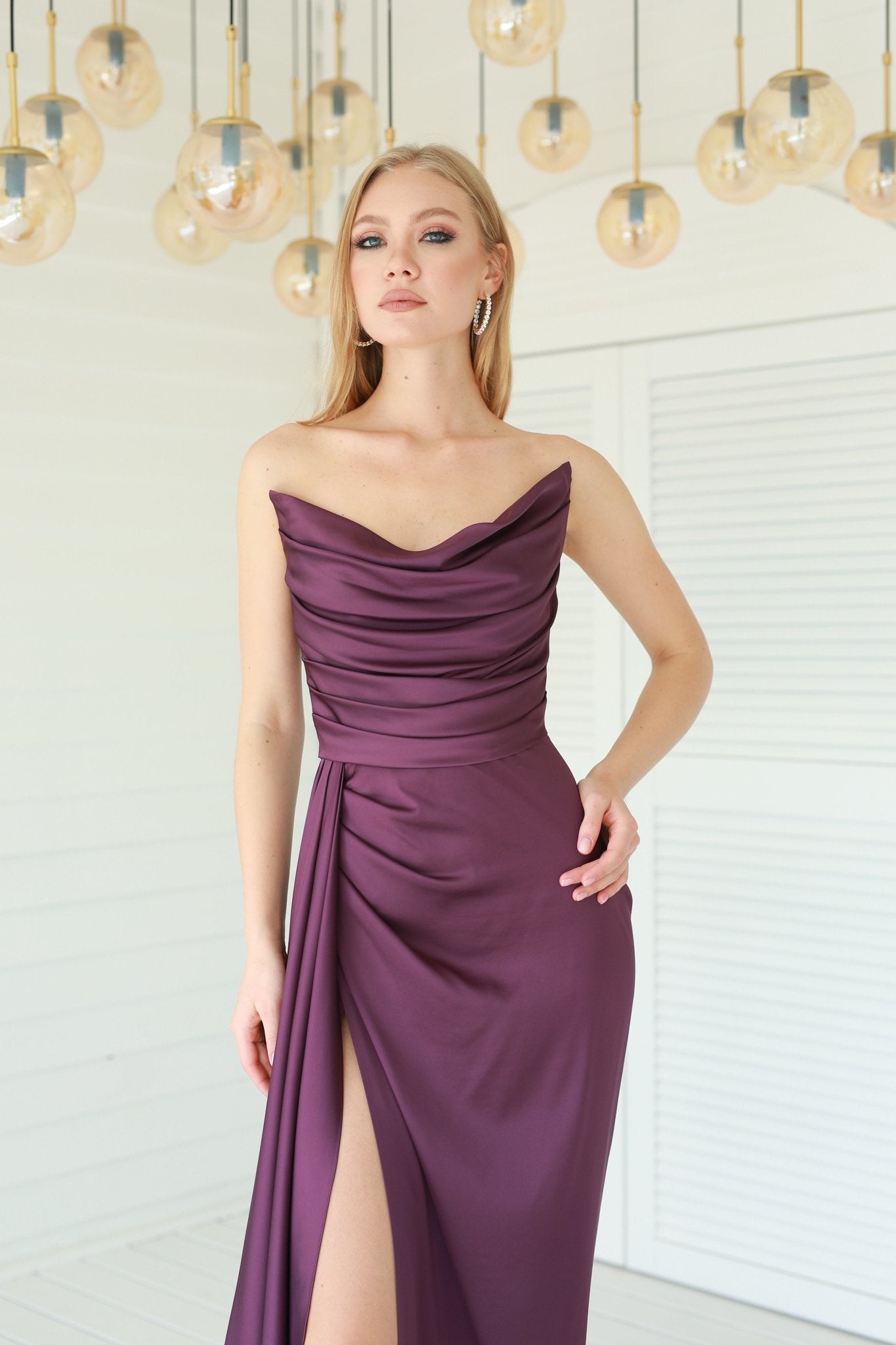 Fashionable Satin Maxi Strapless Wedding Guest or Prom Dress