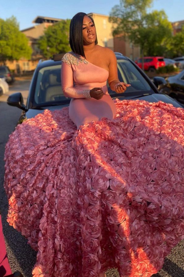 Maibel Sexy One Shoulder Long Sleeve Pink Sequins Mermaid Evening Dress