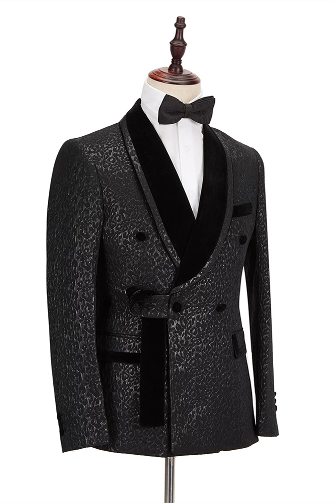 Stylish Velvet Lapel Double-Breasted Prom Suit Belt Leopard Black Jacquard Men's Suit for Wedding
