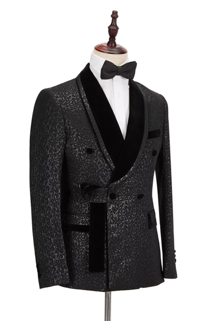 Stylish Velvet Lapel Double-Breasted Prom Suit Belt Leopard Black Jacquard Men's Suit for Wedding