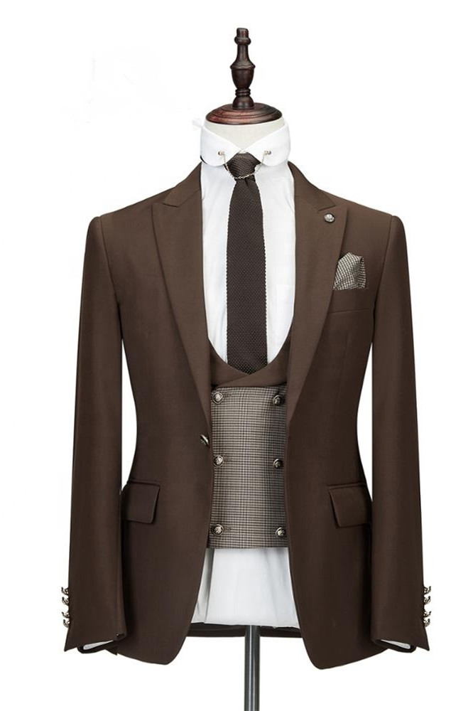 Elegant Brown Slim Fit Three-Piece Peaked Lapel Wedding Suit for Men
