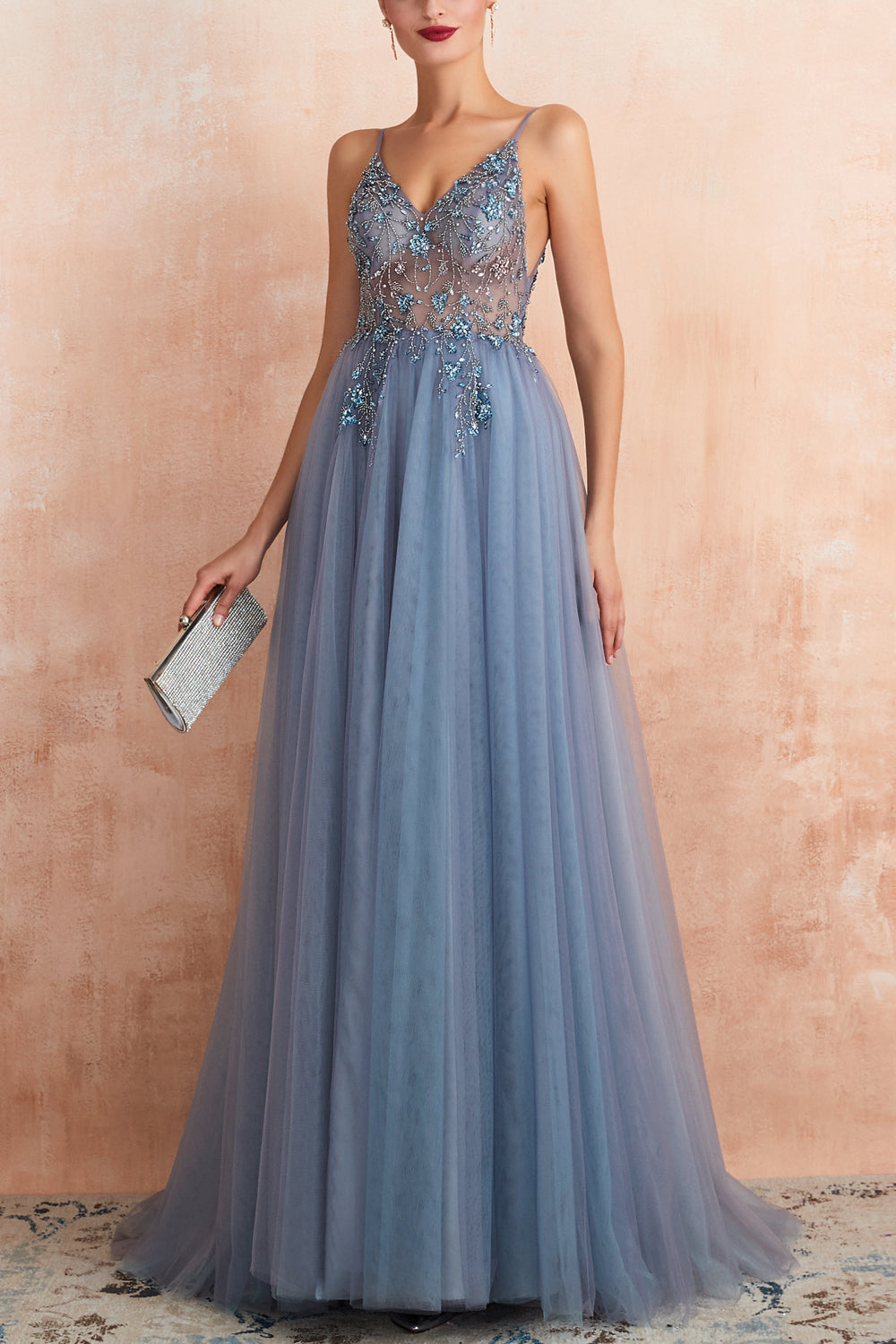 Long Blue Prom Dress with Spaghetti Straps and Slit