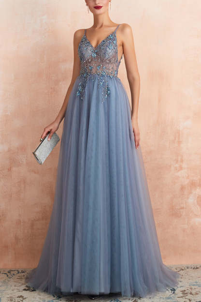 Long Blue Prom Dress with Spaghetti Straps and Slit