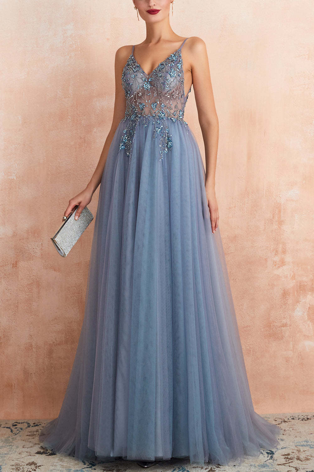 Long Pink Prom Dress with Spaghetti Straps and Slit
