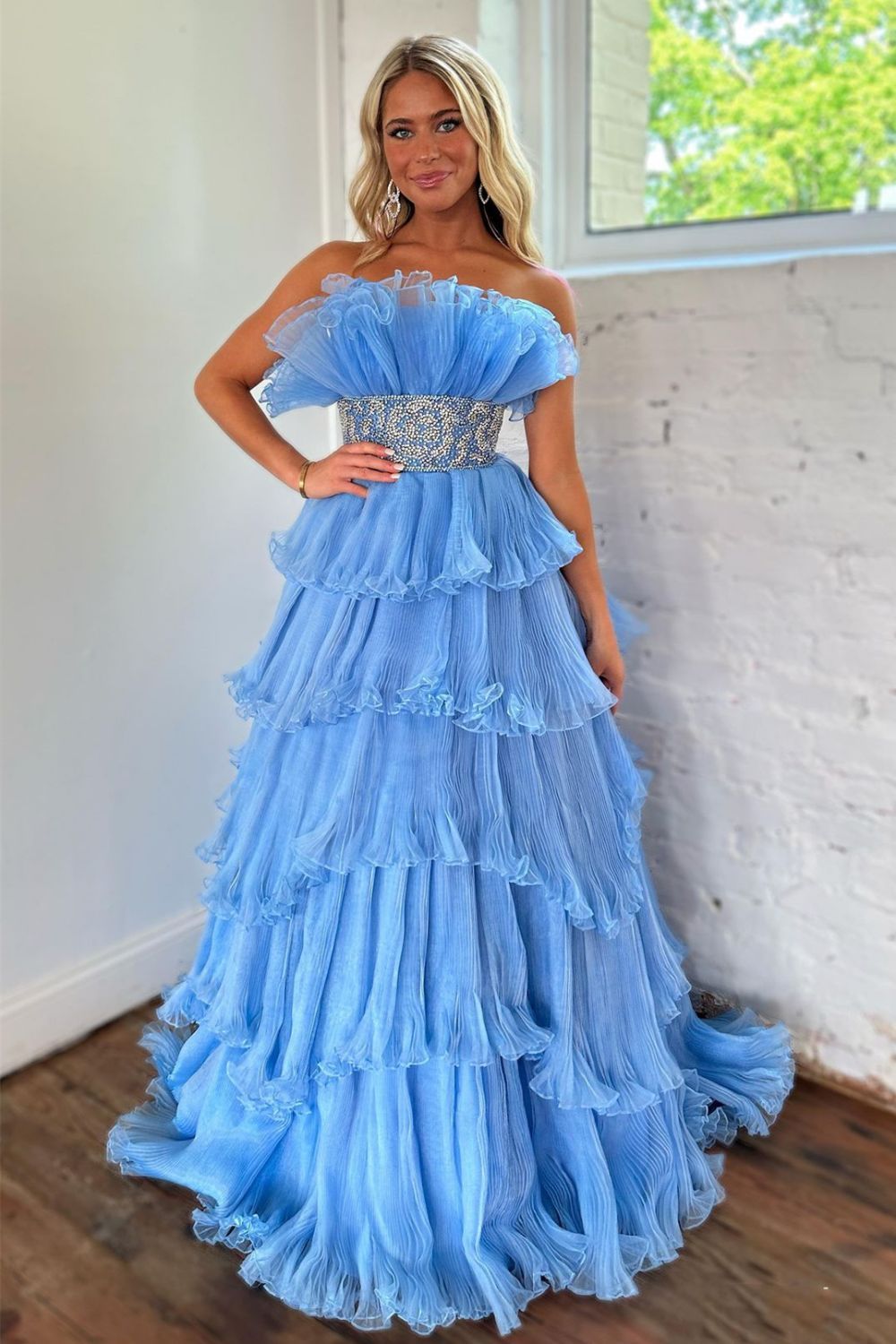 Stylish Strapless Blue A-Line Prom Dress with Beading