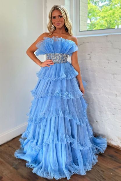 Stylish Strapless Blue A-Line Prom Dress with Beading