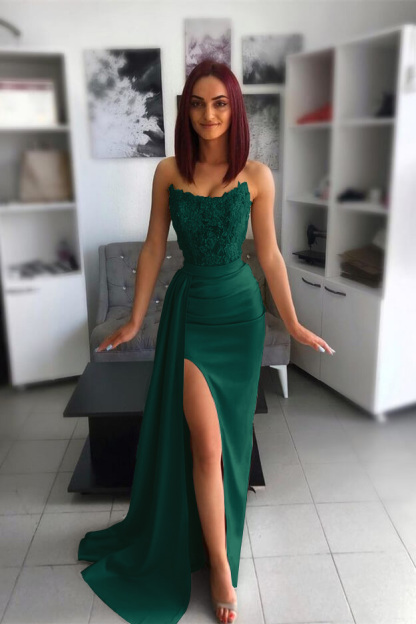 Strapless Pink Slit Mermaid Evening Dress With Chic Appliques