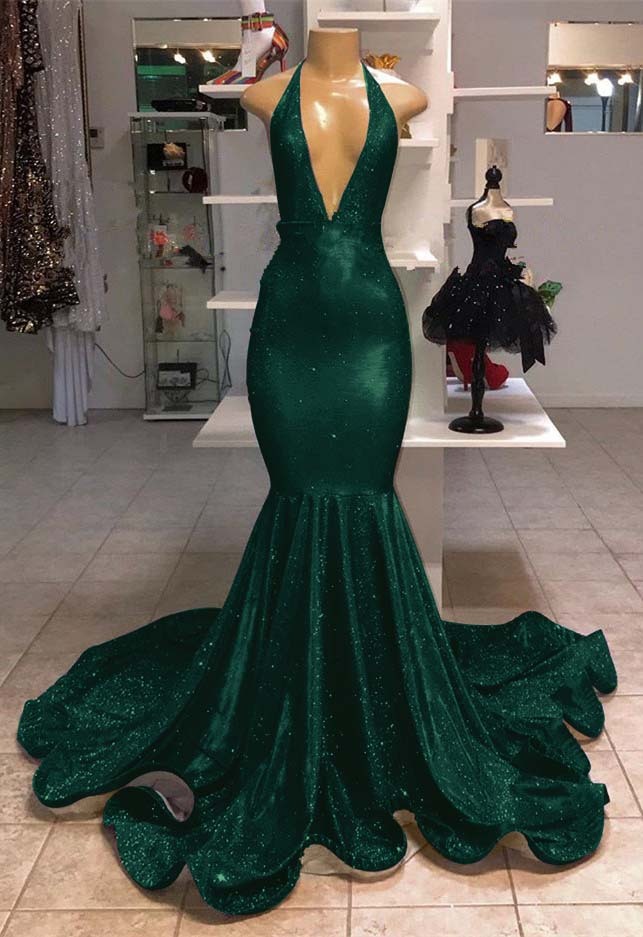 Halter V-Neck Mermaid Evening Dress With Sequins