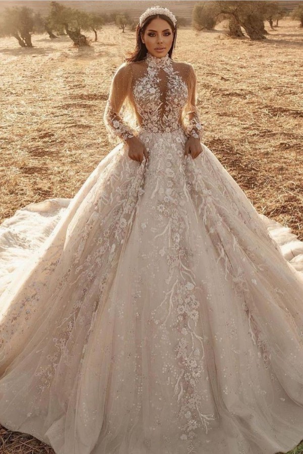 Stunning A-Line High-Neck Long Sleeve Train Wedding Dress with Appliques Lace Tulle