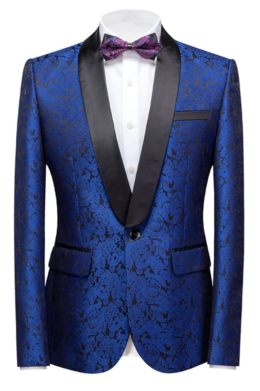 Slim Fit Royal Blue Shawl Lapel One-Button Jacquard Wedding Tuxedo