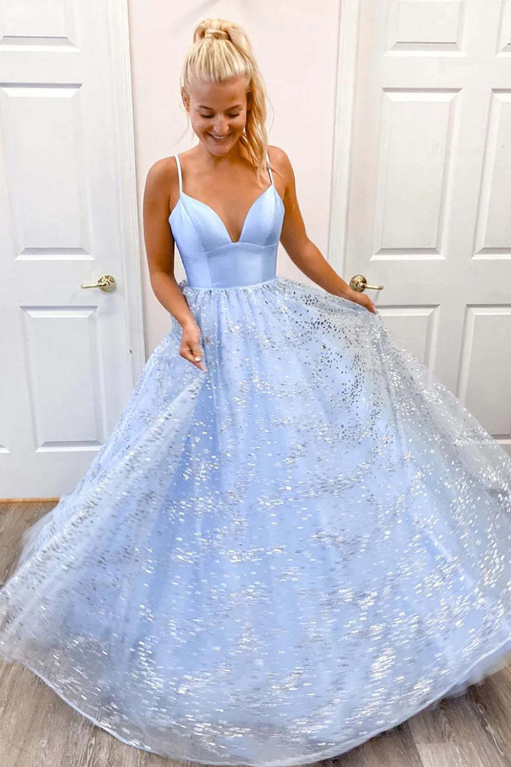 Light Blue Long Prom Dress with Spaghetti Straps and Beading in A-Line Style