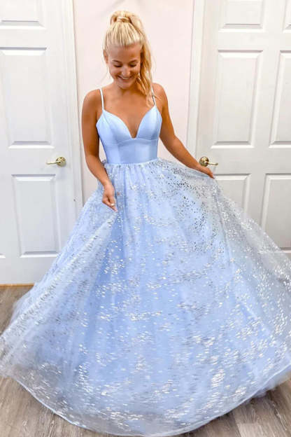Light Blue Long Prom Dress with Spaghetti Straps and Beading in A-Line Style