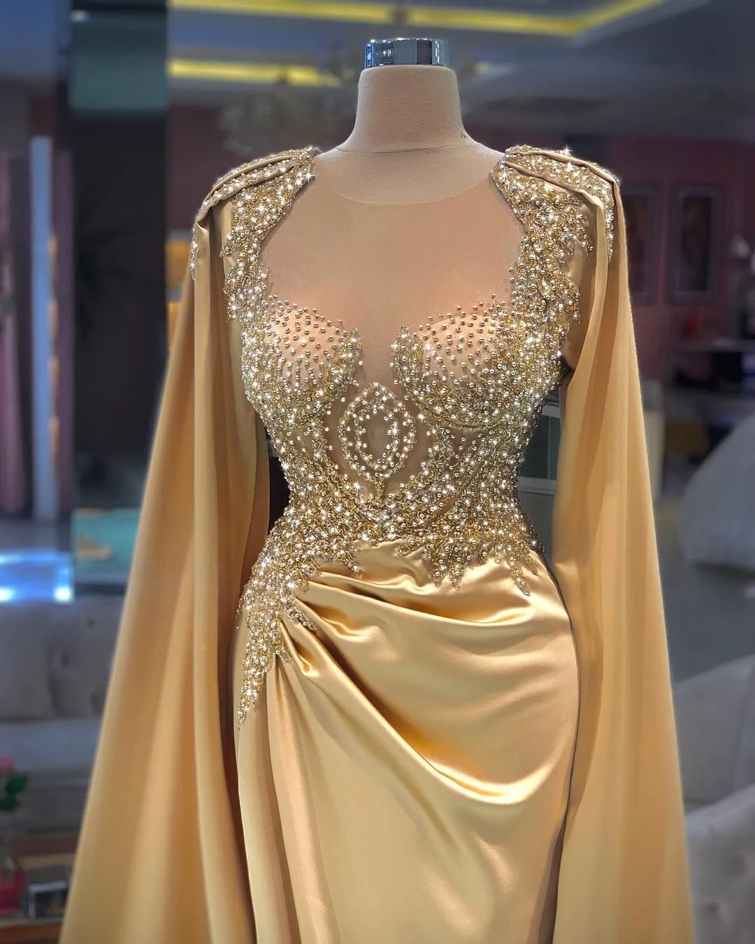 Elegant Champagne Gold Long Sleeves Beading Embroidery Long Prom Dress
