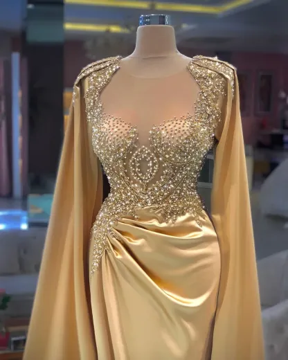 Elegant Champagne Gold Long Sleeves Beading Embroidery Long Prom Dress