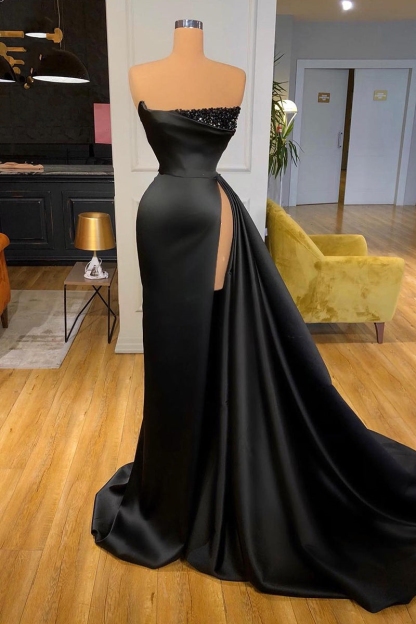 Gentle New Arrival Black Strapless Split Sequins Prom Dress With Ruffle