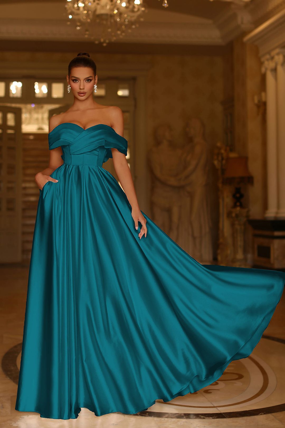 Off the Shoulder Satin Gown With A Line And Side Pockets Formal Dress
