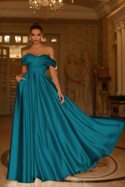 Off the Shoulder Satin Gown With A Line And Side Pockets Formal Dress
