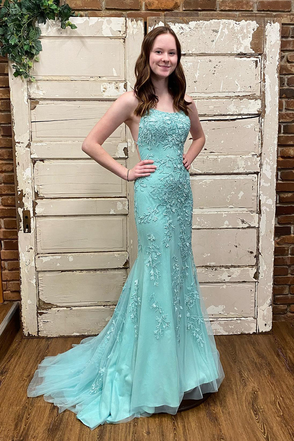 Prom Dress with Mint Spaghetti Straps and Appliques