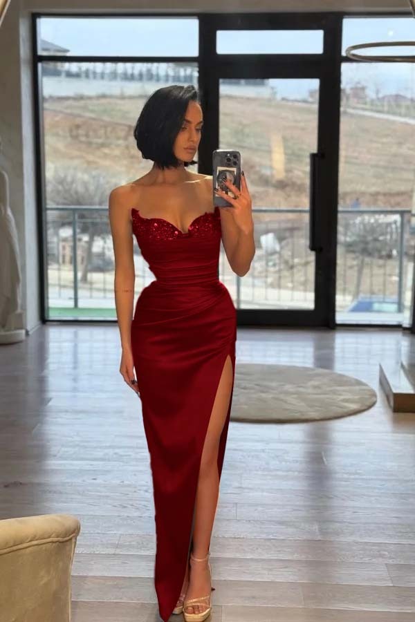 Strapless Sleeveless Long Split Formal Dress With Pleated Sequins