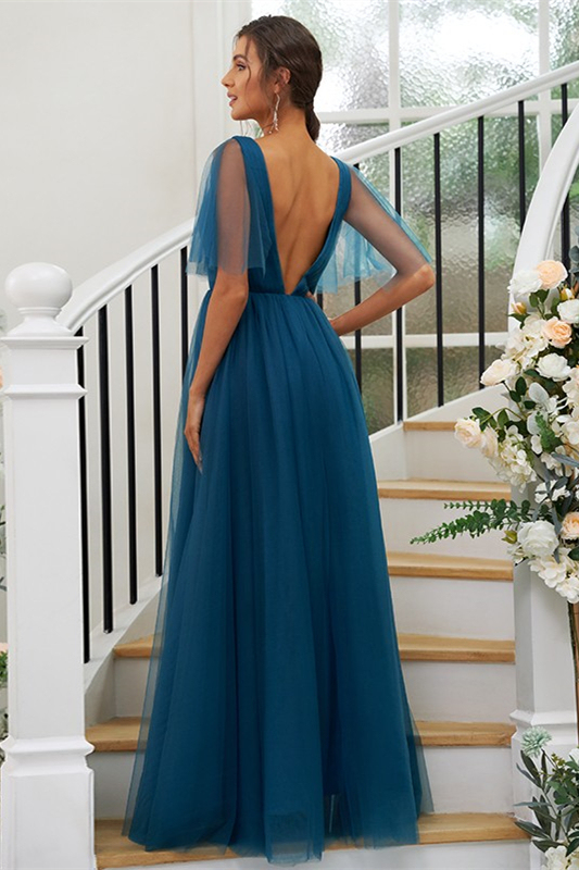 Ink Blue Bridesmaid V-Neck Dress with Slit