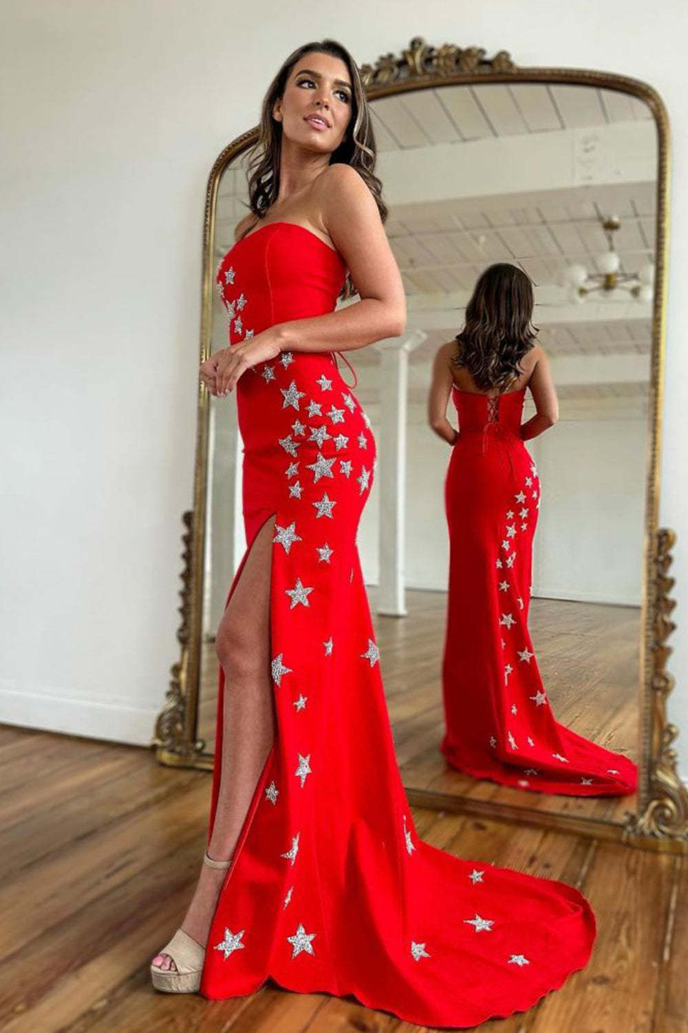 Red Long Prom Dress with Mermaid Silhouette and Front Split Strapless