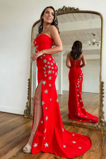 Red Long Prom Dress with Mermaid Silhouette and Front Split Strapless