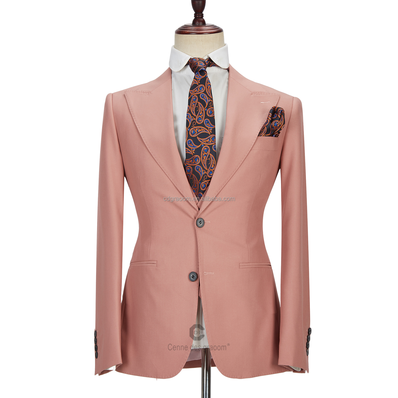 Stylish Ivan Coral Pink Three-Piece Two-Button Peak-Lapel Men's Suit