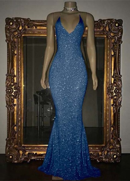 V-Neck Mermaid Elegant Halter Evening Dress With Sequins