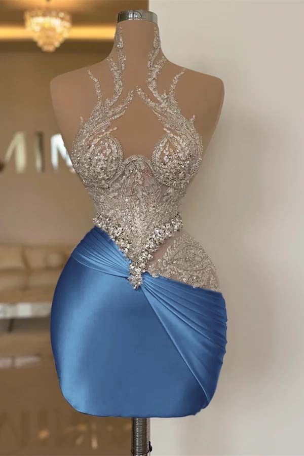 White High-Grade Exquisite Beaded Pleated Tights Short Mini cocktail Dress
