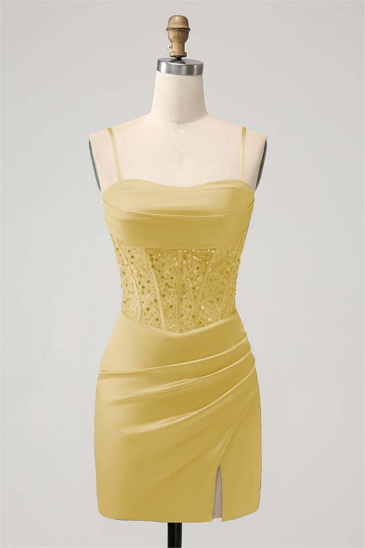 Green Sequins Spaghetti-Straps Short Mini cocktail Dress