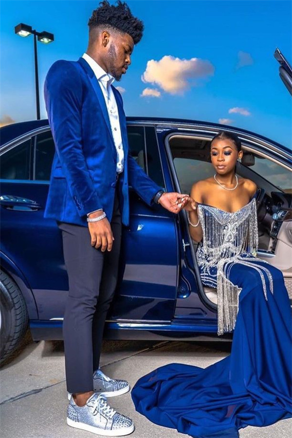 Fashion Royal Blue Velvet Blazer Two-Piece for Men Wedding with Chic Peaked Lapel