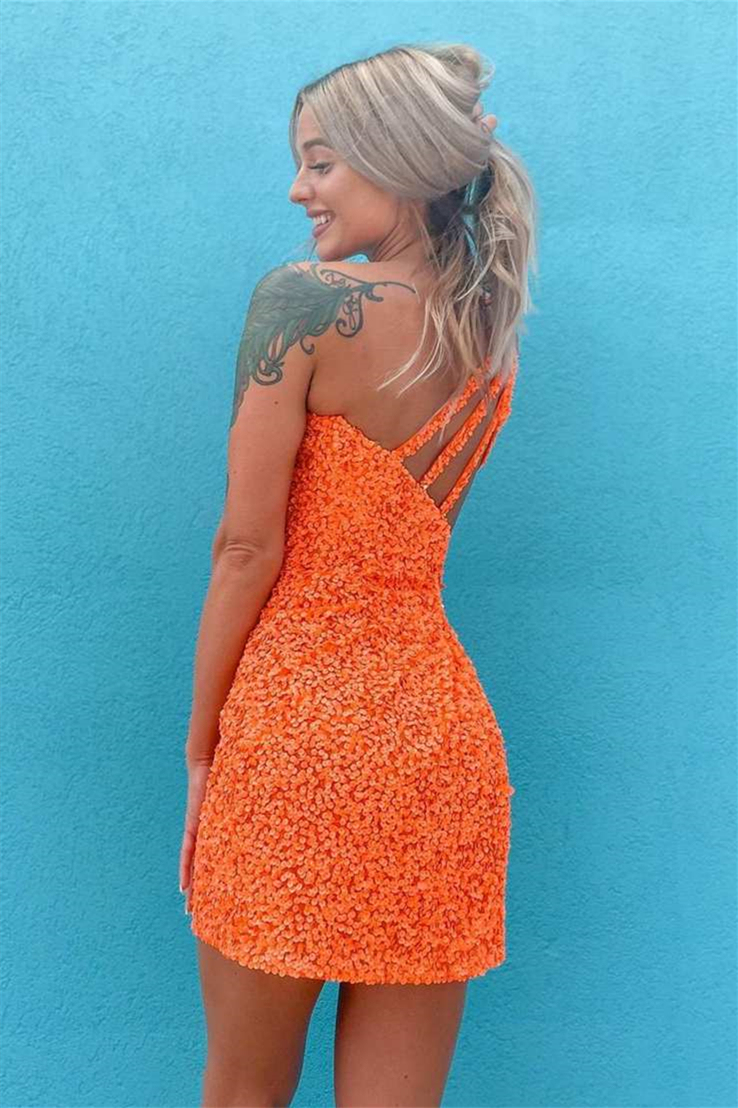 One Shoulder Sleeveless Sequins Short Dress With Chic Back