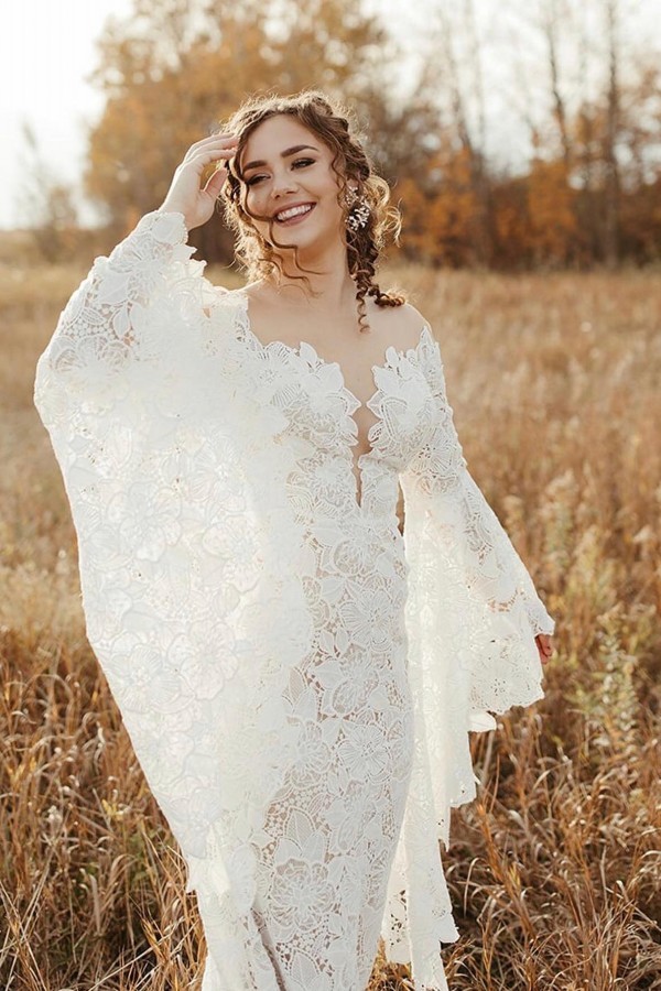 Glamorous Mermaid Long Sleeves Floor-Length Wedding Dresses with Lace
