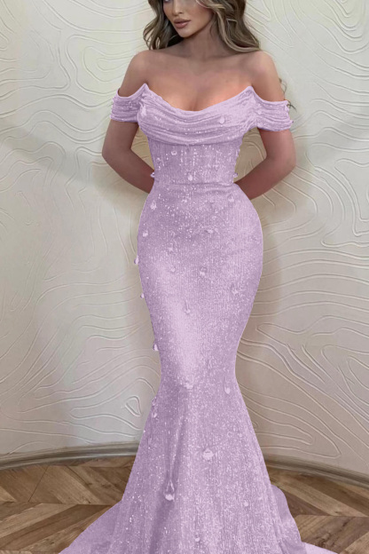 Orange Off the Shoulder Strapless Sleeveless Formal Dress With Sequins Mermaid