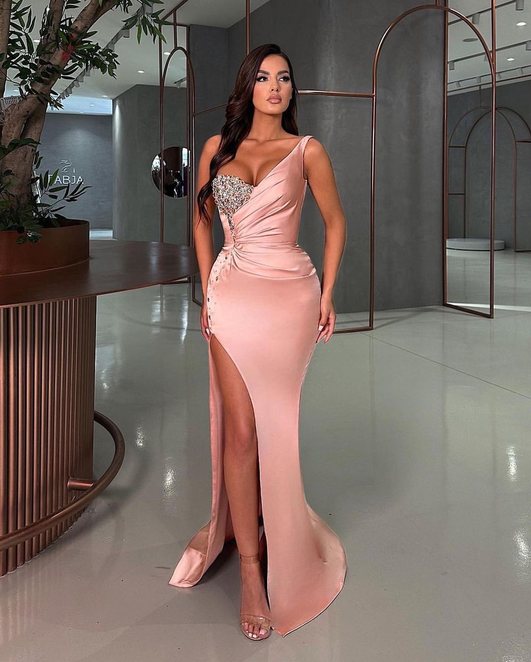 Pearl Pink One Shoulder Beaded Prom Dress With Split