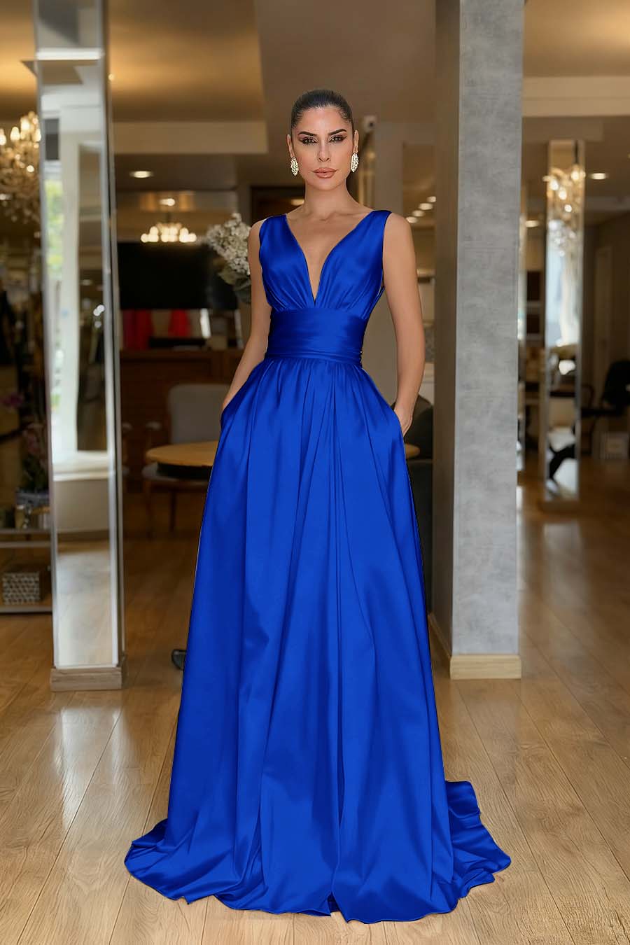 Straps Sleeveless High Waist Long Formal Dress With Pockets Pleated