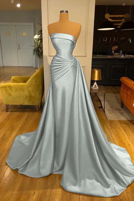 Strapless Elegant Baby Blue Mermaid Evening Dress Long With Ruffle