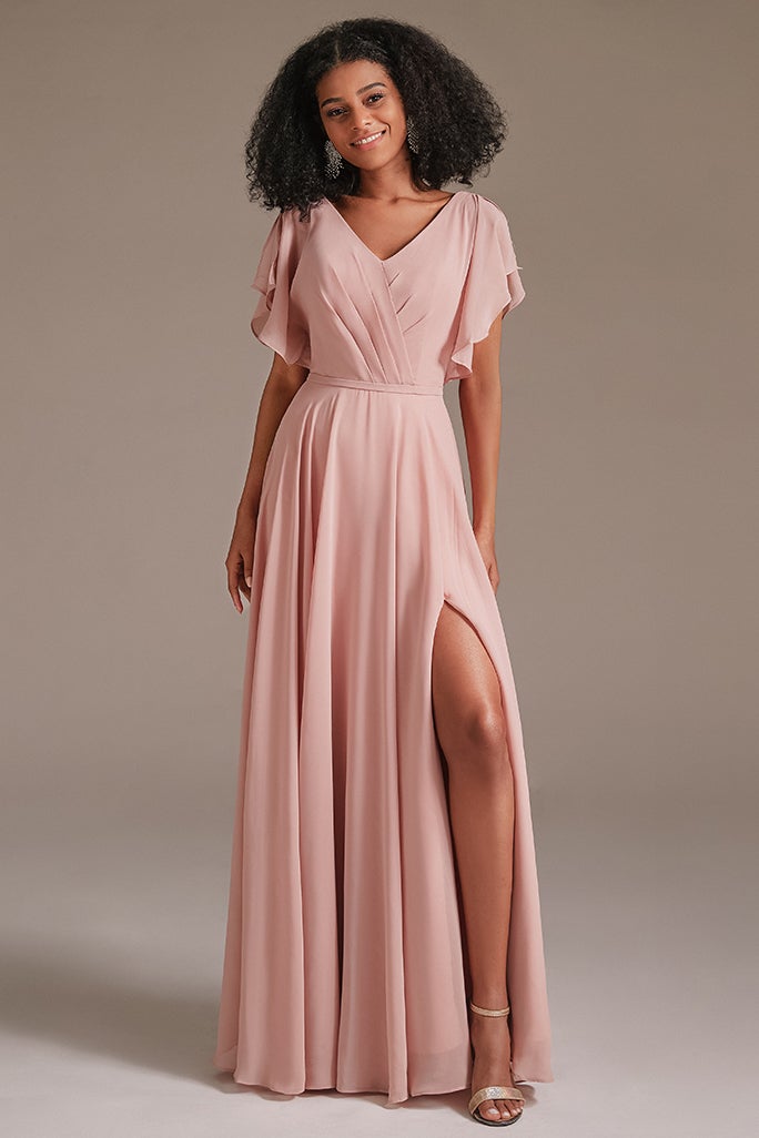 Pink Chiffon Ruffles Sleeves Bridesmaid Dress